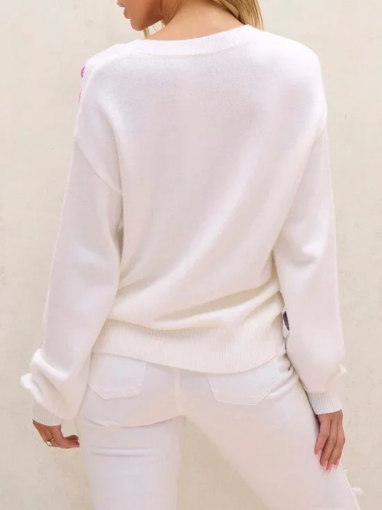 White Casual Women's Cute Elegant Floral Long Sleeve Crew Neck Sweater - Picture 2 of 7